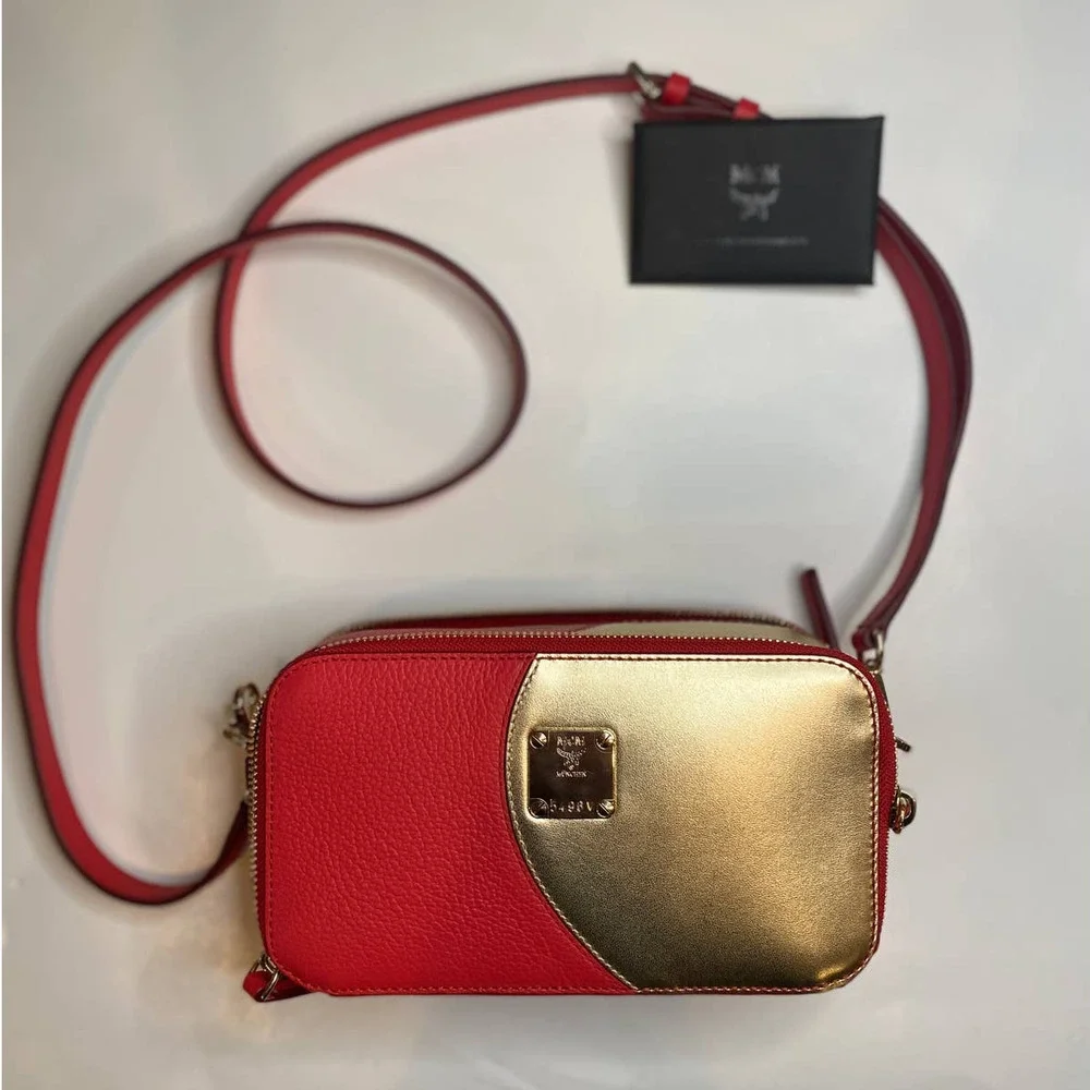 MCM Gold Red Double Zip Crossbody - Picture 1 of 11